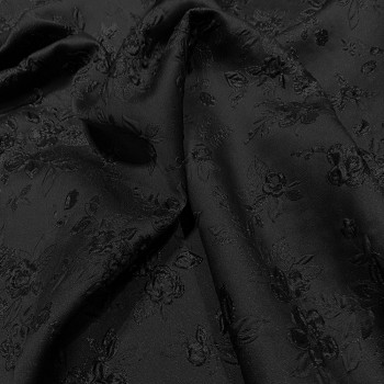 Black floral print silk brocade fabric