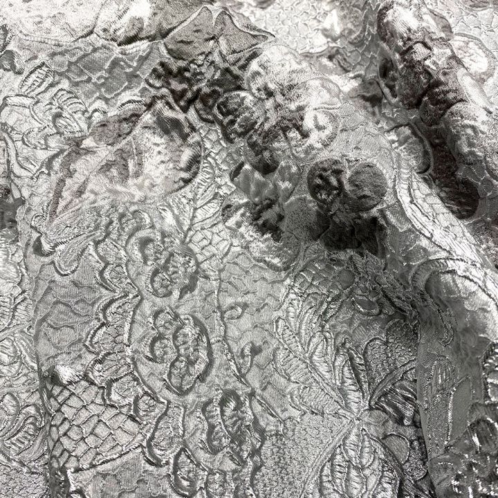 Silver gray silk brocade fabric