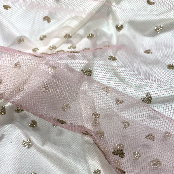 Sequined tulle with gold hearts on antique rose tulle