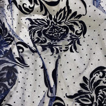 Tulle floqué et pois noirs sur tulle bleu