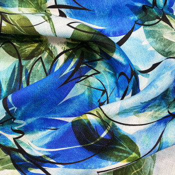 Tissu lin imprimé floral artiste bleu