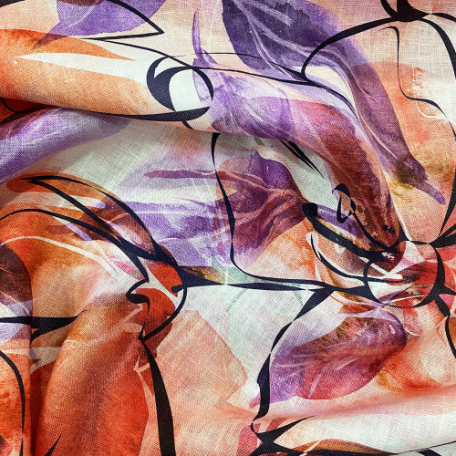 Orange artist floral print linen fabric