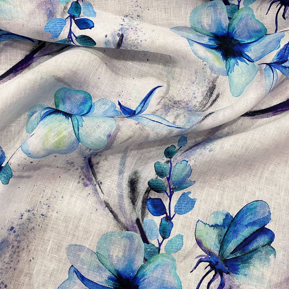 Blue floral print linen fabric — Tissus en Ligne