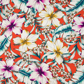 Tissu viscose imprimé floral fond orange