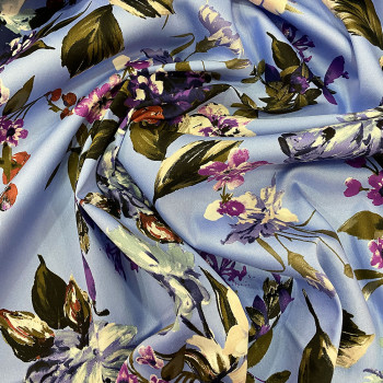 Blue floral printed cotton satin fabric