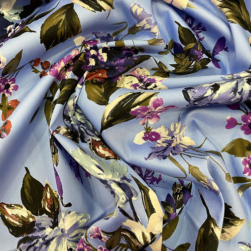 Blue floral printed cotton satin fabric — Tissus en Ligne