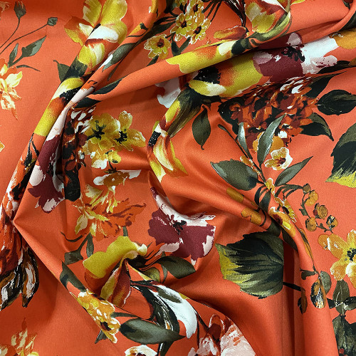 Orange floral printed cotton satin fabric