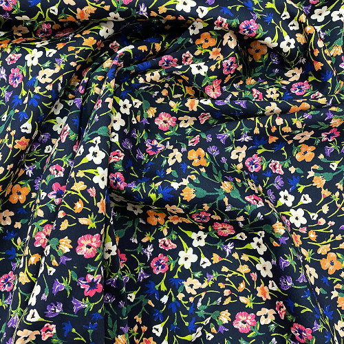 Navy blue floral printed cotton satin fabric