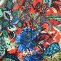 Velvet fabric floral print on red background