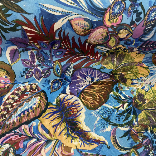 Velvet fabric floral print on blue background