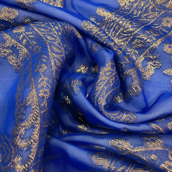 Tissu jacquard de soie tissé métal or sur mousseline bleu royal