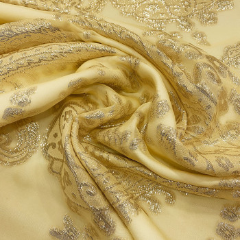 Tissu jacquard de soie tissé métal or sur mousseline jaune