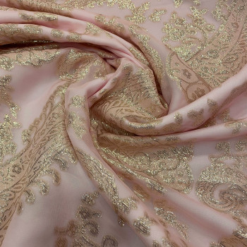 Tissu jacquard de soie tissé métal or sur mousseline vieux rose