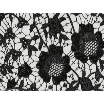 Chemical lace guipure fabric sequined black and silver flowers