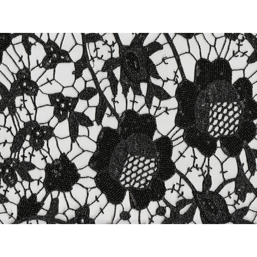 Tissu guipure pailletée fleurs noires et argent