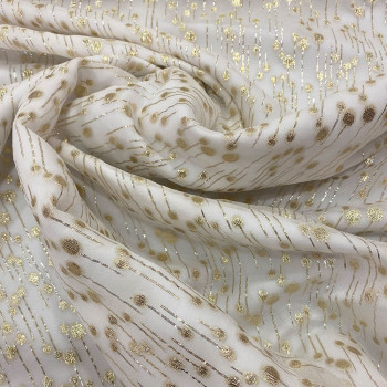 Metallic silk jacquard drops on a gold ivory muslin background