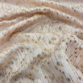 Metallic silk jacquard drops on a gold nude muslin background