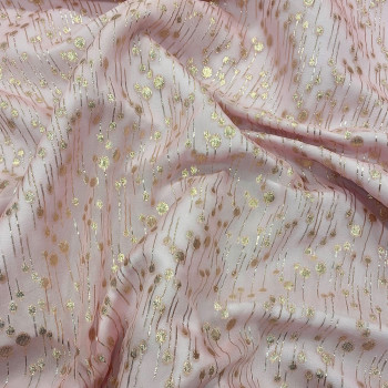 Jacquard de soie métal gouttes sur fond mousseline vieux rose or