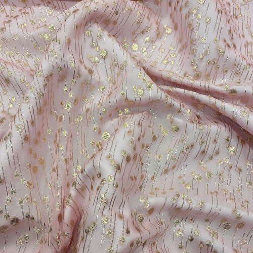 Jacquard de soie métal gouttes sur fond mousseline vieux rose or