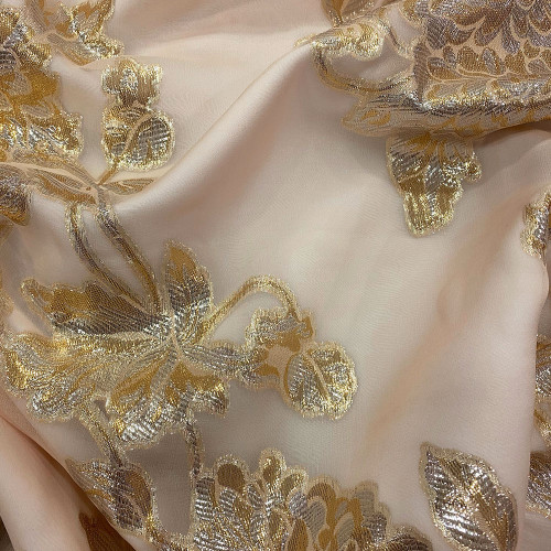 Metallic silk jacquard flowers on a gold nude muslin background