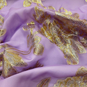Metallic silk jacquard flowers on a gold lilac muslin background
