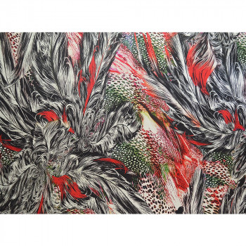 Red feather printed silk crepe fabric