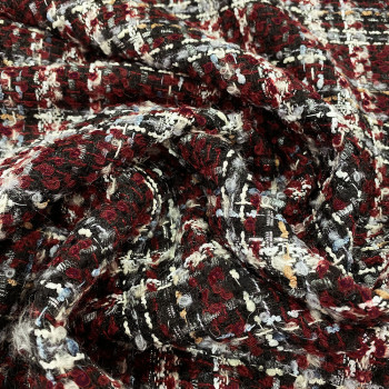 Tissu tissé et irisé effet tweed bordeaux noir lurex argent