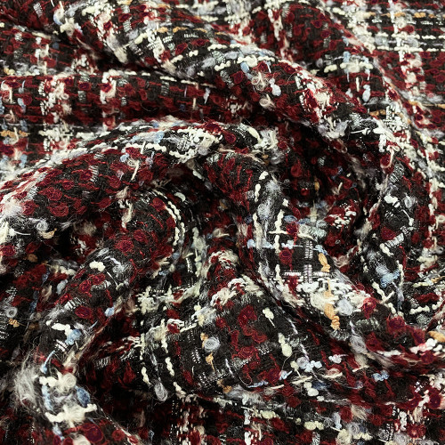 Woven and iridescent fabric burgundy/black silver lurex tweed effect