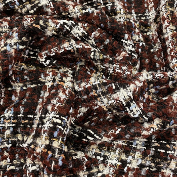 Tissu tissé et irisé effet tweed marron noir lurex argent