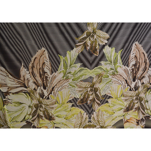 Tissu mousseline de soie imprimé floral fond géométrique noir