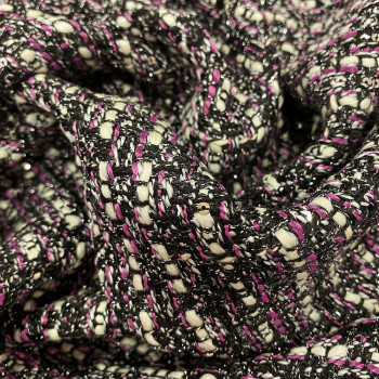 Woven and iridescent fabric black/fuchsia tweed effect with silver lurex sequins
