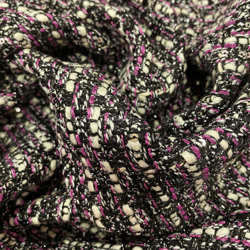 Tissu tissé et irisé effet tweed noir et fuschia paillettes lurex argent