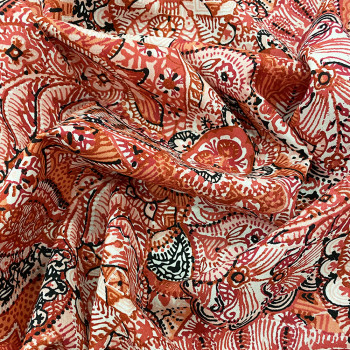 Tissu voile de coton imprimé paisley corail