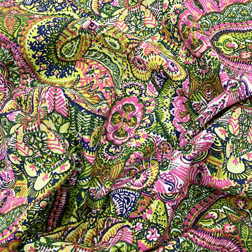 Tissu voile de coton imprimé paisley rose et vert