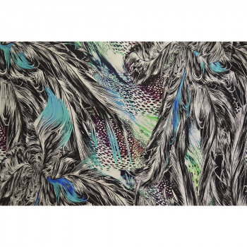 Blue feather printed satin fabric