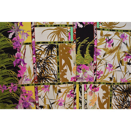 Tissu satin de soie stretch imprimé floral japonisant