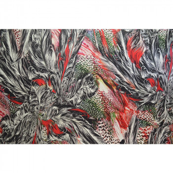 Tissu satin lycra imprimé plumes rouges