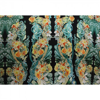 Green floral print lycra satin fabric with black background