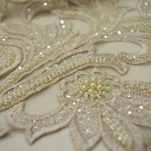 Champagne beaded and embroidered tulle fabric