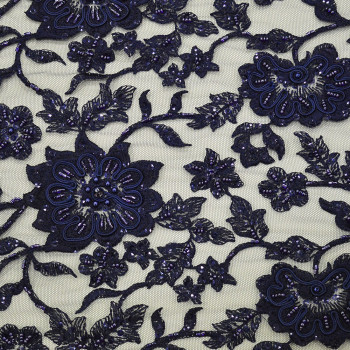 Navy blue beaded embroidered tulle fabric
