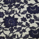 Navy blue beaded and embroidered tulle fabric