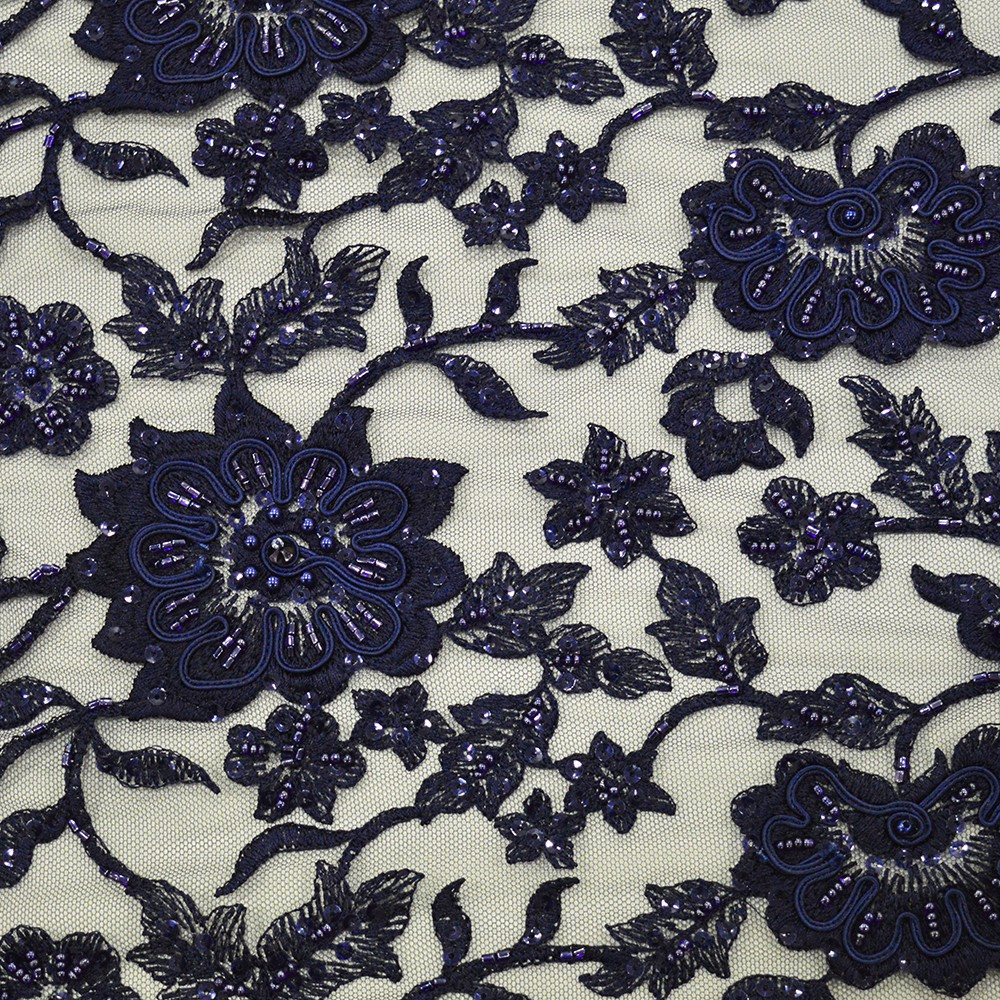 Navy blue beaded embroidered tulle fabric — Tissus en Ligne
