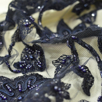 Navy blue beaded and embroidered tulle fabric