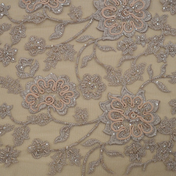 Tissu tulle brodé perlé sable