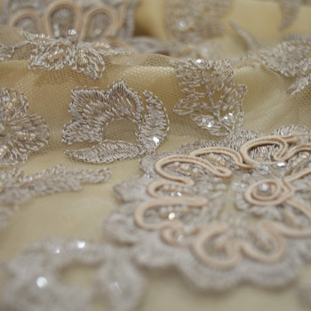 Sand beige beaded and embroidered tulle fabric