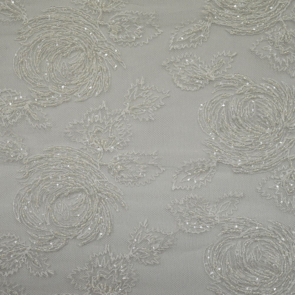 Ivory beaded embroidered tulle fabric