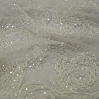 Ivory beaded embroidered tulle fabric