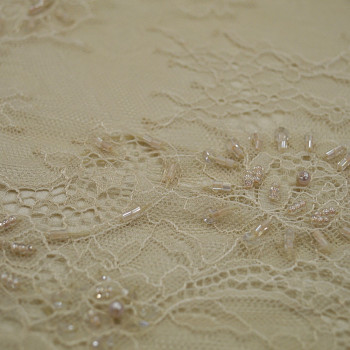 Sand beige beaded and embroidered tulle fabric