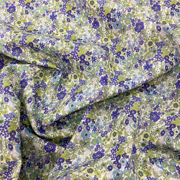 Green and purple floral printed cotton voile fabric