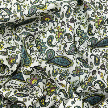 Green and yellow paisley printed cotton voile fabric
